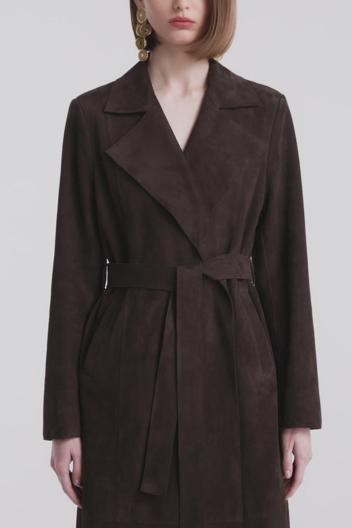 Model is Wearing Nour Hammour Winona Lightweight Suede Coat Mocha - Video