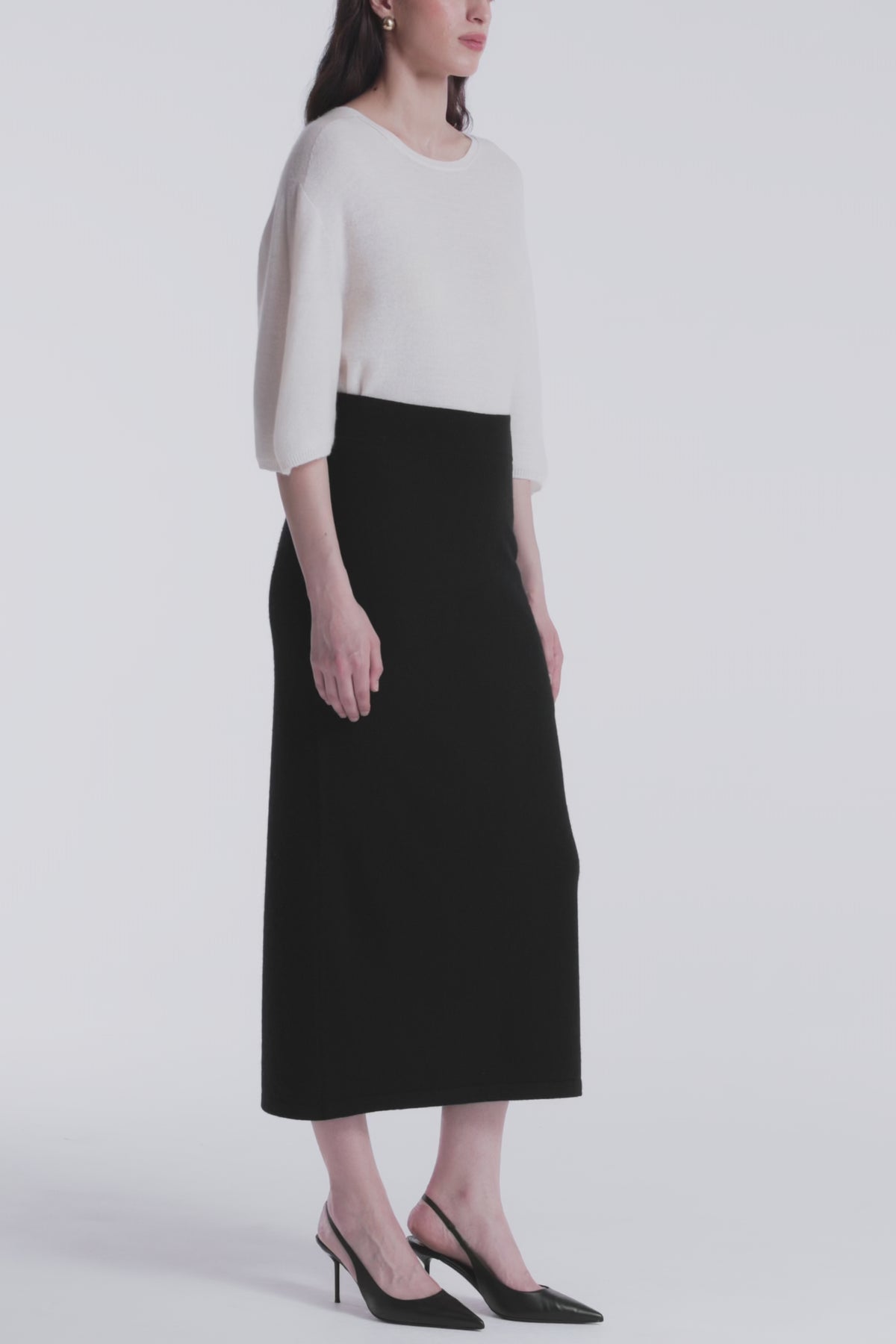 Model is Wearing Nour Hammour Elyse Cashmere Column Skirt Black - Video