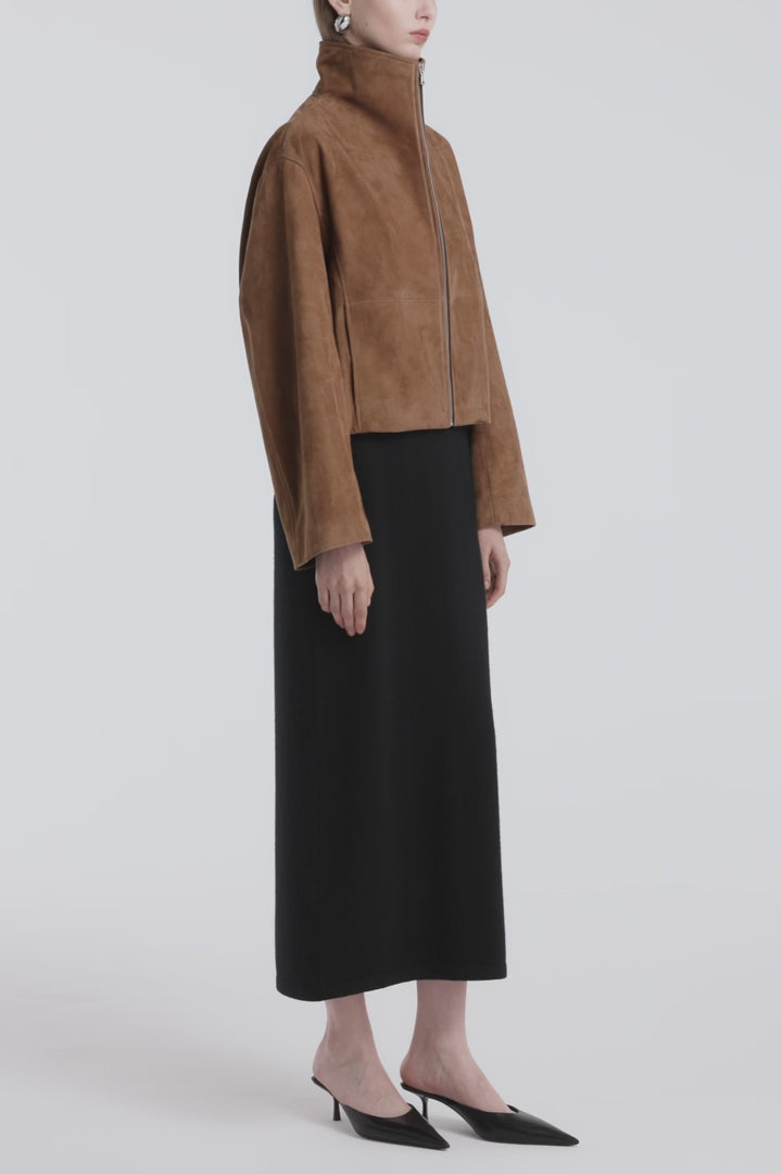 Model is Wearing Nour Hammour Etienne Funnel Neck Suede Jacket Tobacco - Video
