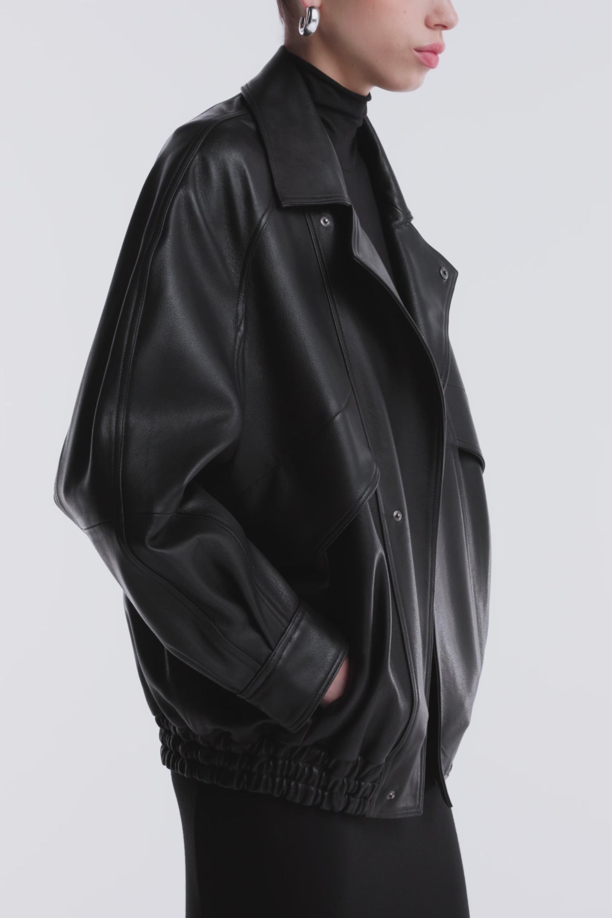 Model is Wearing Nour Hammour Rafe Modern Leather Bomber Black - Video