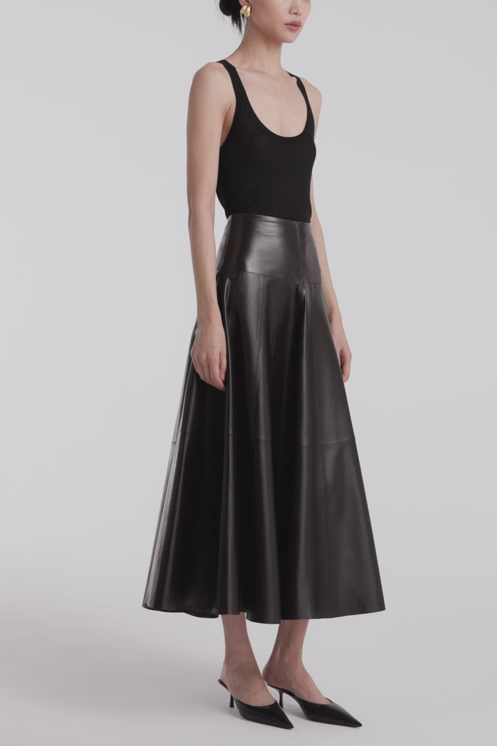 Model is Wearing Nour Hammour Daria Full Leather Circle Skirt Dark Brown -  Video