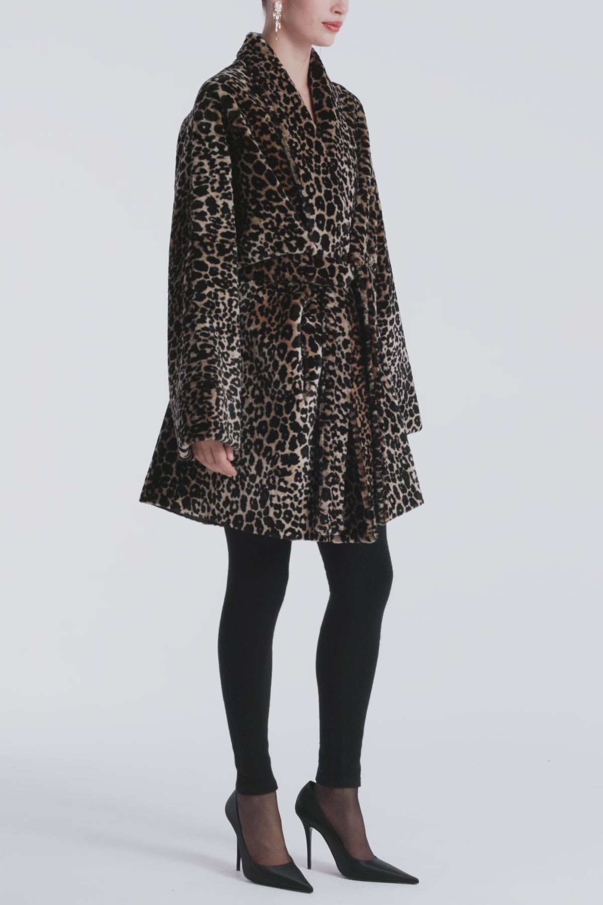Model is Wearing Nour Hammour Raquel Fluid Merinos Shearling Coat Plush Leopard - Video
