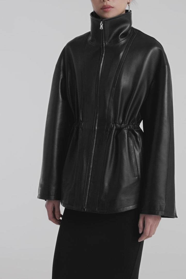 Model is Wearing Nour Hammour Passage Relaxed Leather Jacket Noir Classique - Video