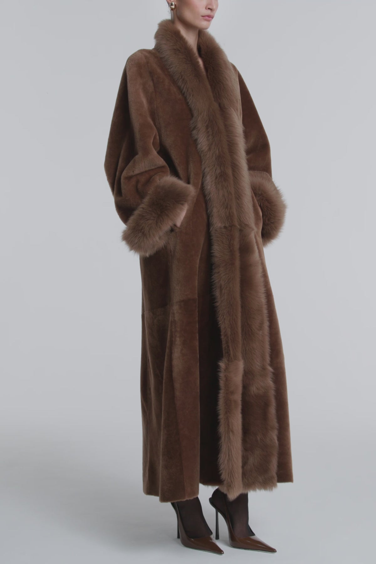 Model is Wearing Nour Hammour Matriarch Shearling Swing Coat Toffee - Video