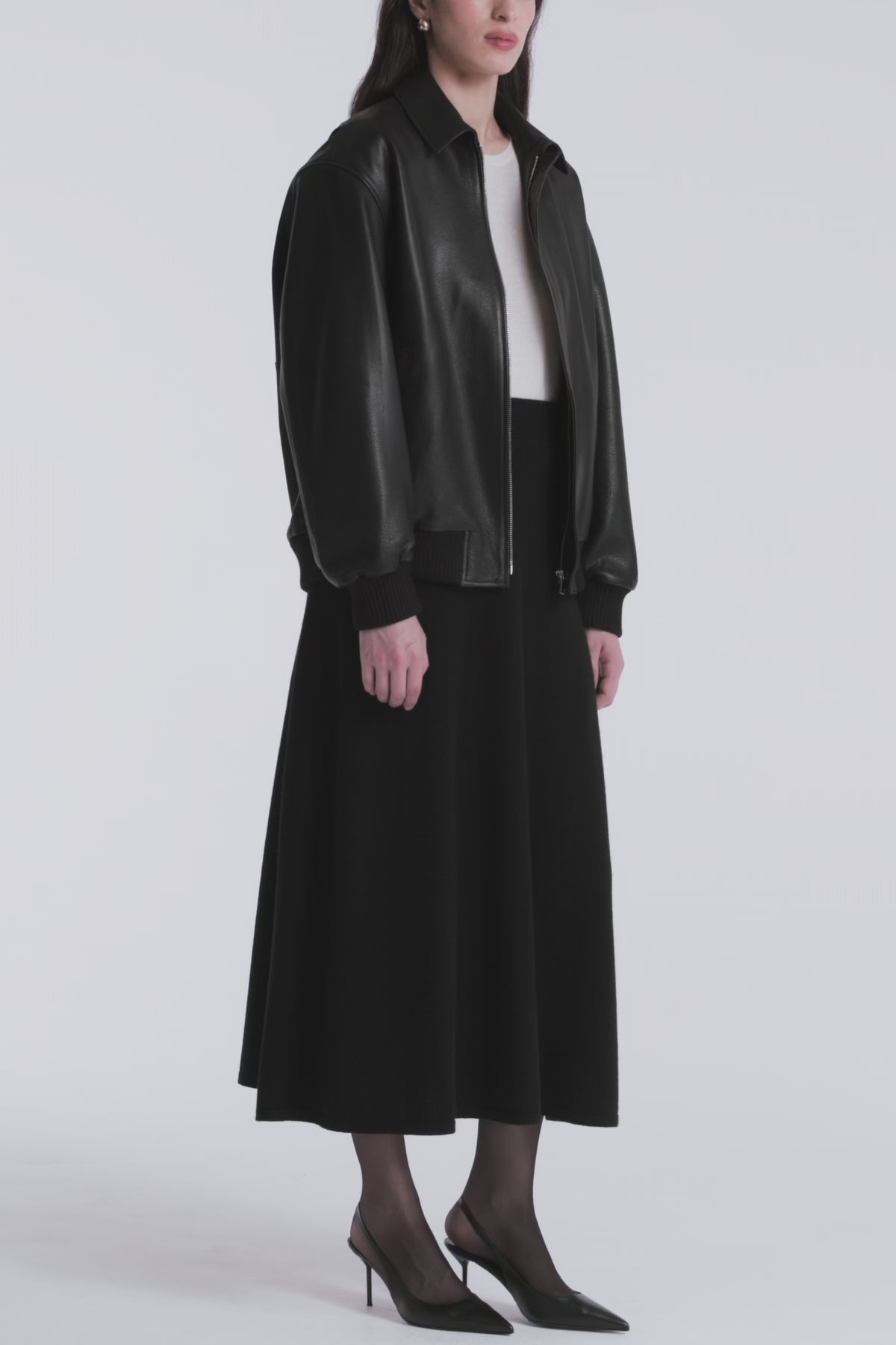Model is Wearing Nour Hammour Toyen Classic Leather Bomber Black - Video