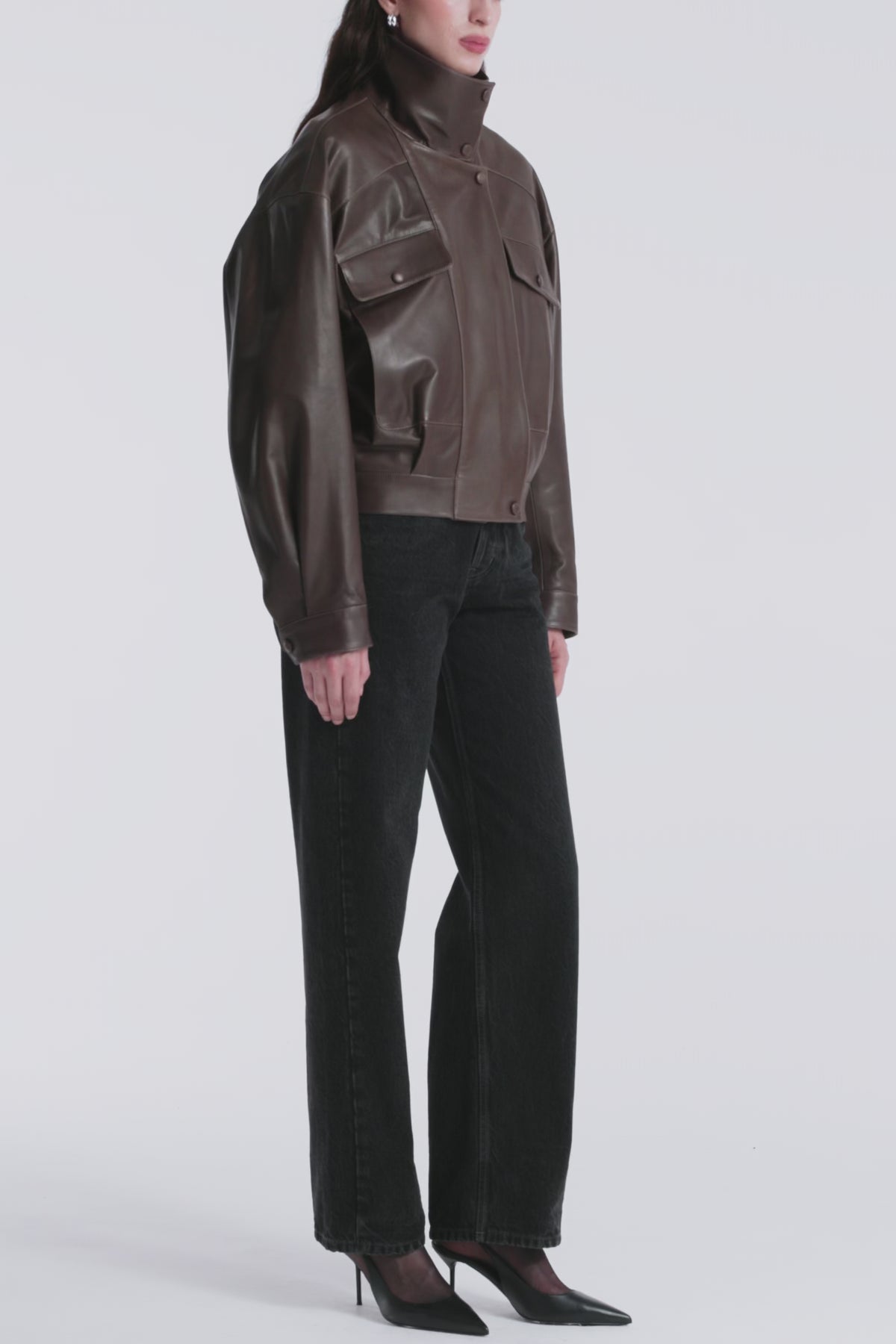 Model is Wearing Nour Hammour Quincy Soft Leather Pocket Bomber Mink - Video