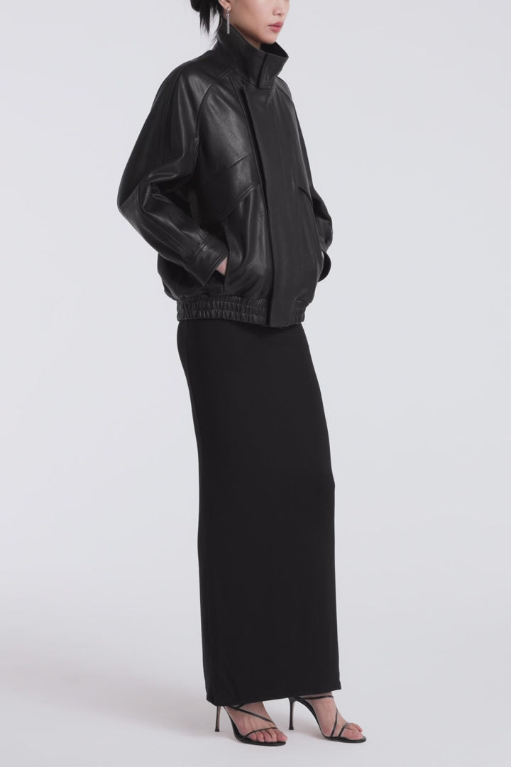Model is Wearing Nour Hammour Ariste Funnel Leather Bomber Black - Video