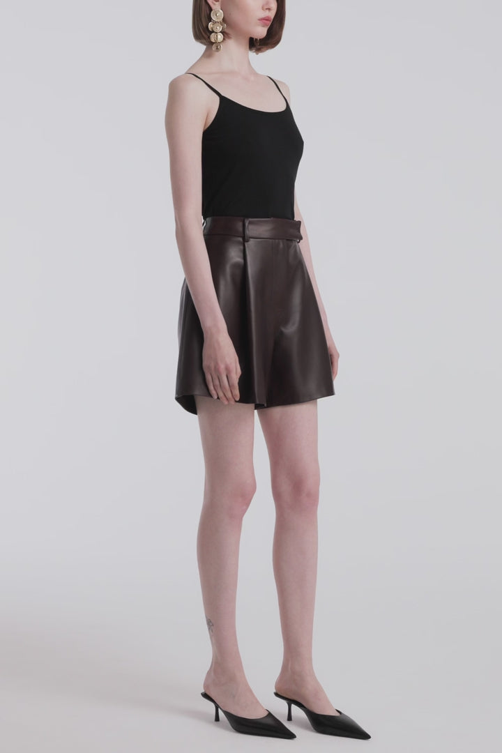 Model is Wearing Nour Hammour Jonah High Waist Leather Short Brown -Video
