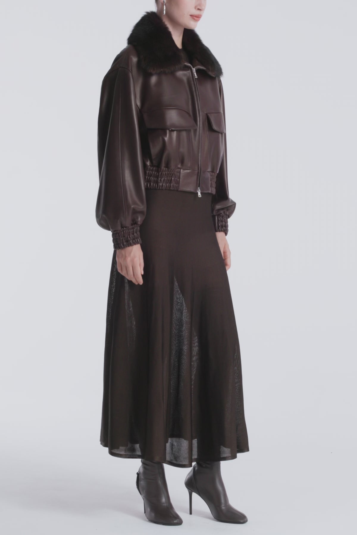 Model is Wearing Nour Hammour Ellery Shearling Collar Leather Bomber Brown - Video