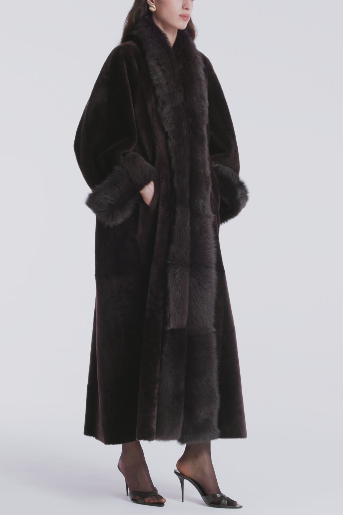 Model is Wearing Nour Hammour Sima Matriarch Shearling Swing Coat Rich Brown - Video 