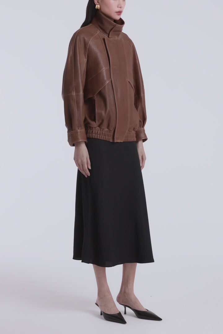 Model is Wearing Nour Hammour Ariste Funnel Leather Bomber Terracotta - Video