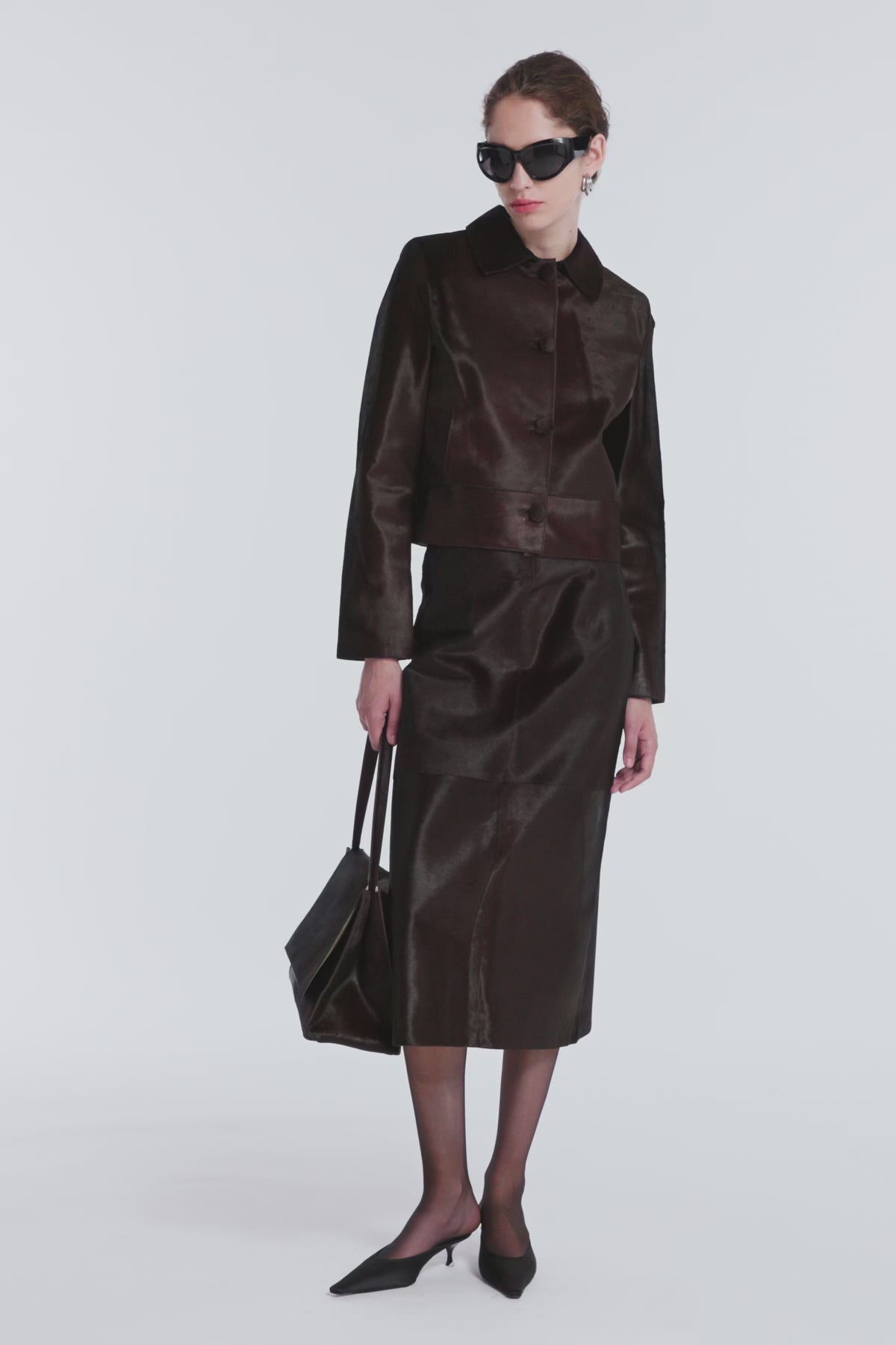 Model is Wearing Nour Hammour Hadley Refined Ponyhair Jacket Brown - Video