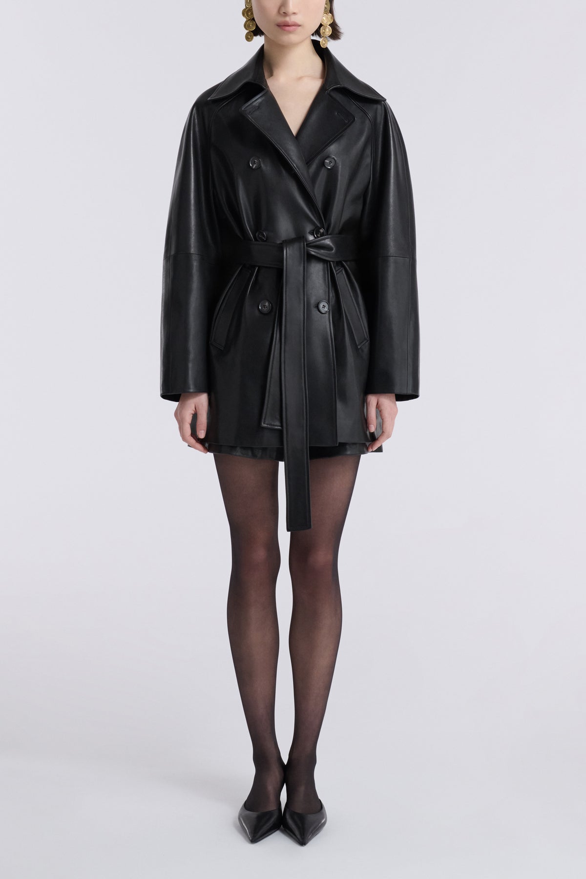 Model is Wearing Nour Hammour Quinn Sublime Leather Trench Noir Classique - Front