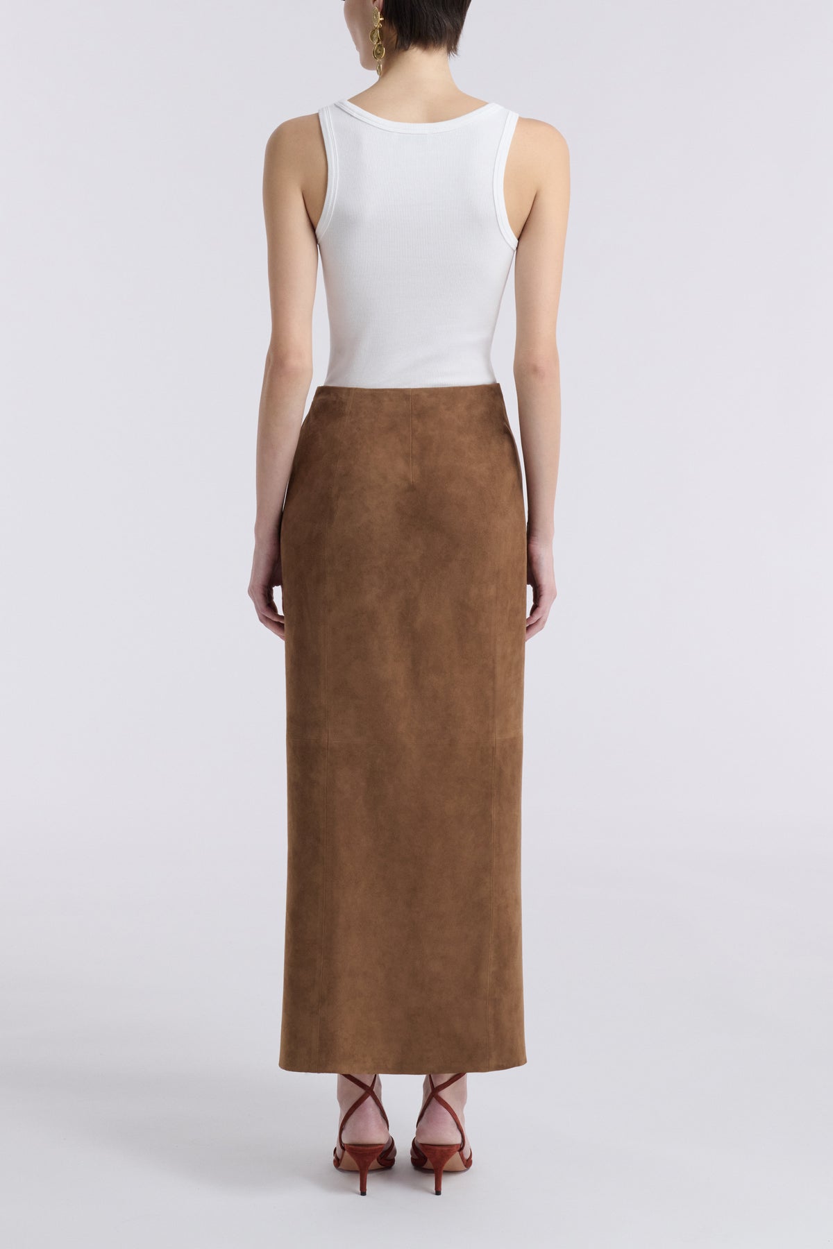 Model is Wearing Nour Hammour Wrap Tie Waist Suede Skirt Tobacco -  Back