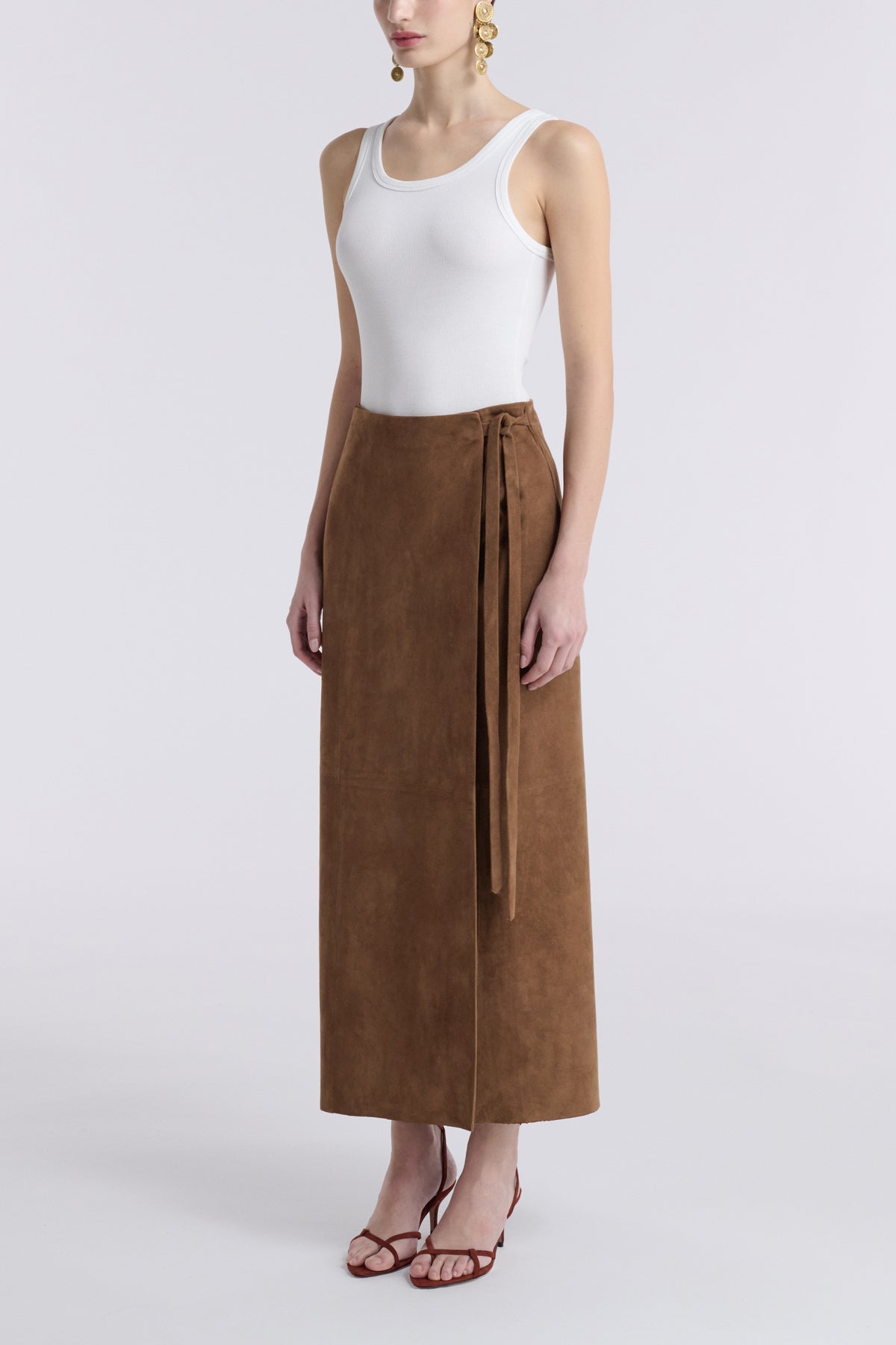 Model is Wearing Nour Hammour Wrap Tie Waist Suede Skirt Tobacco - Three Quarters