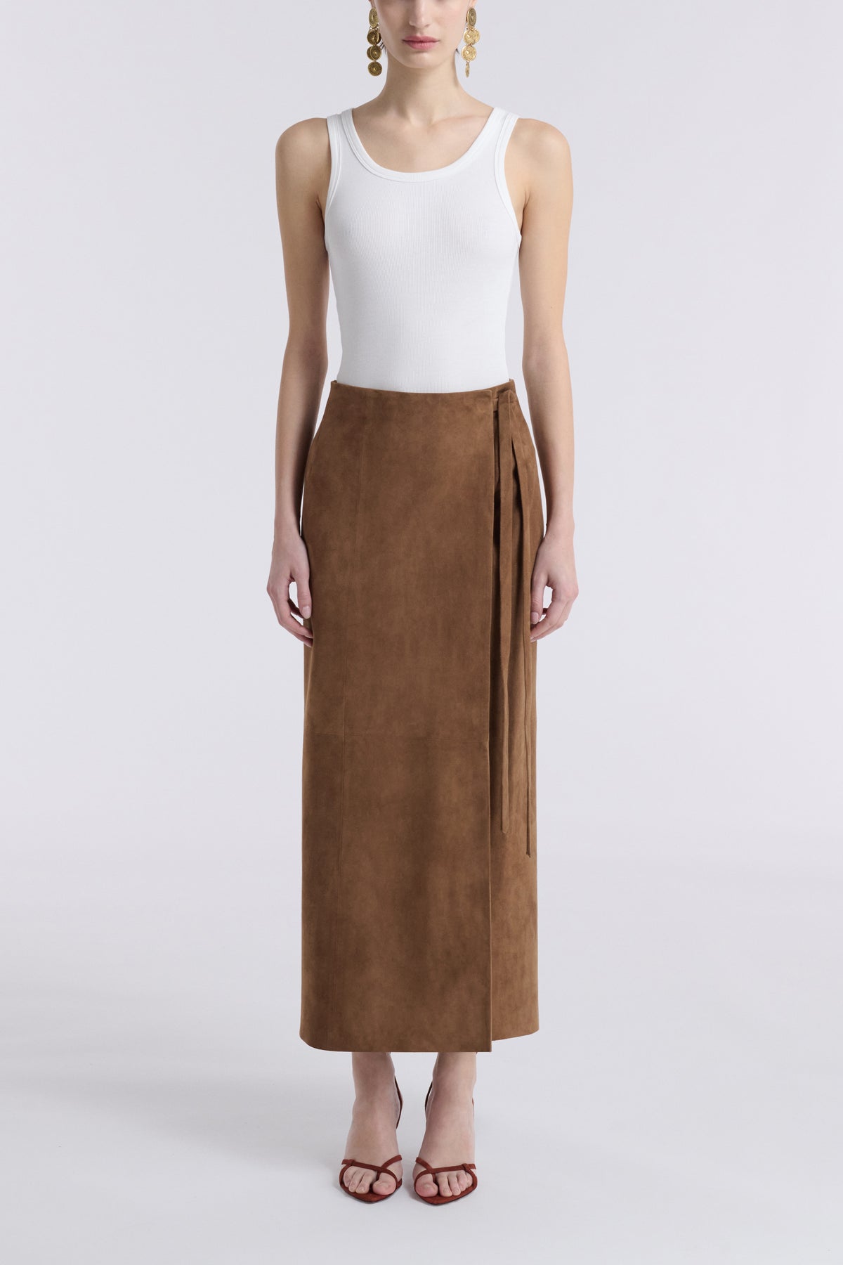 Model is Wearing Nour Hammour Wrap Tie Waist Suede Skirt Tobacco - Front